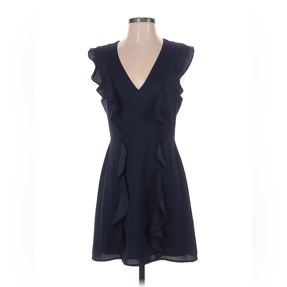 BCBGMaxAzria Blue Ruffled V-Neck A-Line Dress